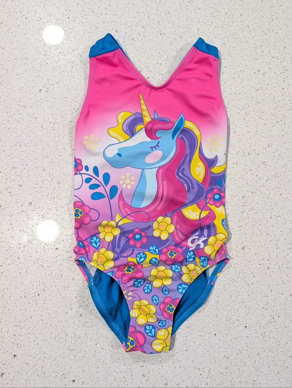 ADORABLE GK ELITE Small Gymnastics Dance Leotard Neon Pink Yellow FLORAL Unicorn